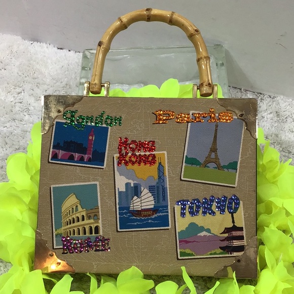 Vintage Handbags - Cigar box satchel London Paris sequins
